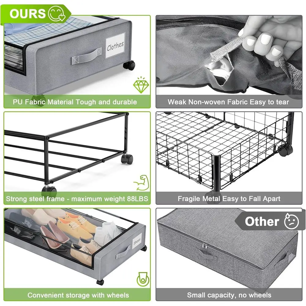 Graue XXL 60L rollende Metall-Aufbewahrungsschubladen unter dem Bett, 4er-Pack transparente Deckelbehälter für Kleidung, Schuhe, Spielzeug, Bücher