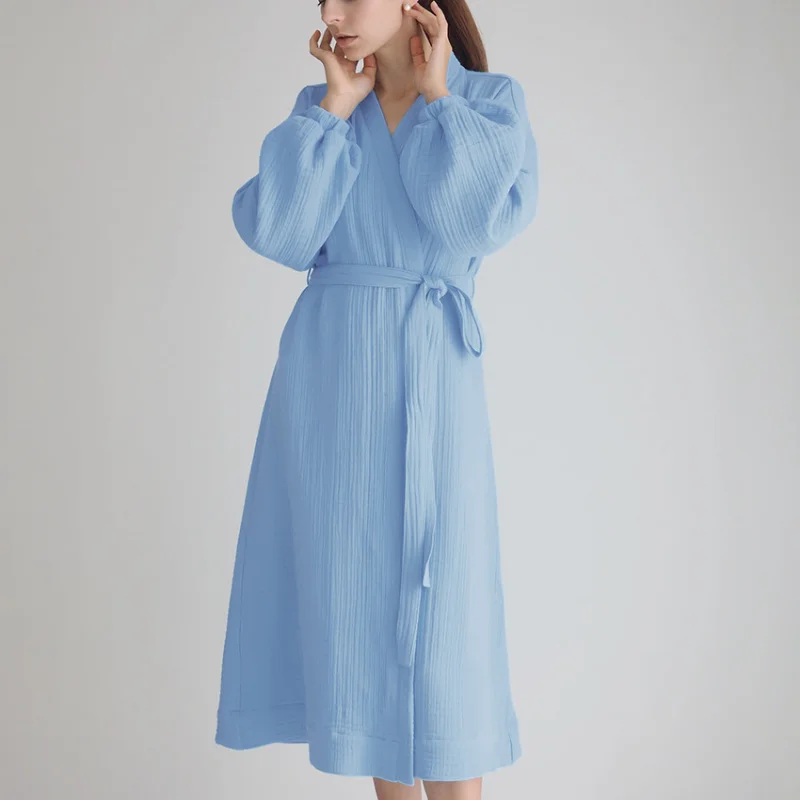 Crinkle Cotton Robe for Women, 1-Piece Long Sleeve Kimono Robe, Breathable & Lightweight, Versatile Summer Home Loungewear