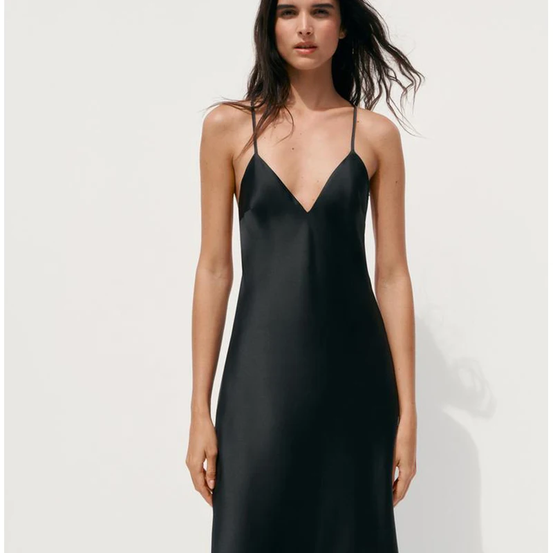 Sommer Neuankömmling Damenmatte V-ne Svel Seidensatin Feel ter Midi Dr Pendeln Hohe Taille Polyester