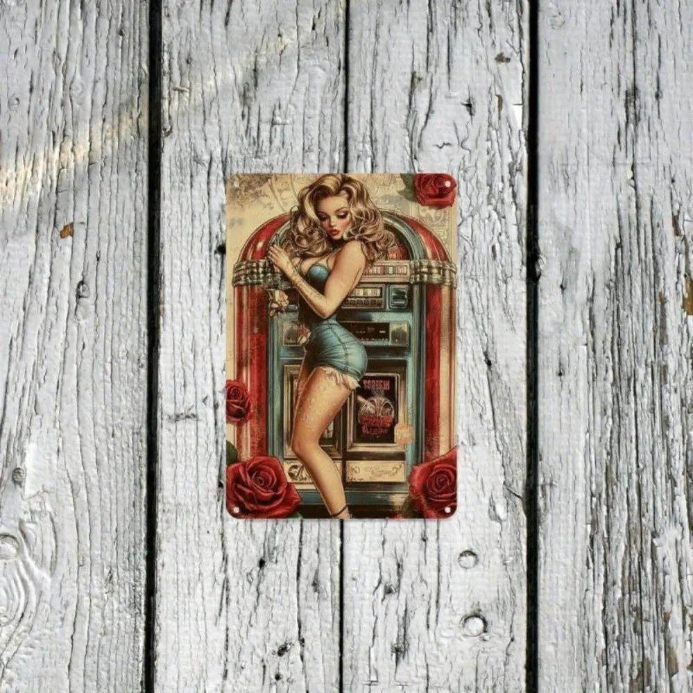 Corak Jukebox y Gadis Pinup Vintaj, Plak Logam Kreatif, Hiasan Seni Dinding, Sesuai untuk Rumah, Kafe, Bar, Kelab, Detallesabat
