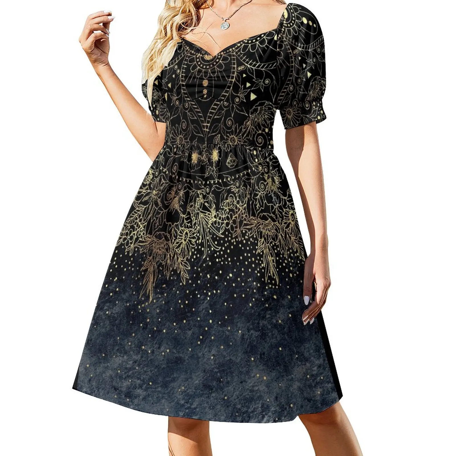 

Blue Gold Mandala Floral Short Sleeved Dress dress party evening elegant luxury celebrity dresses summer woman 2025 Dress