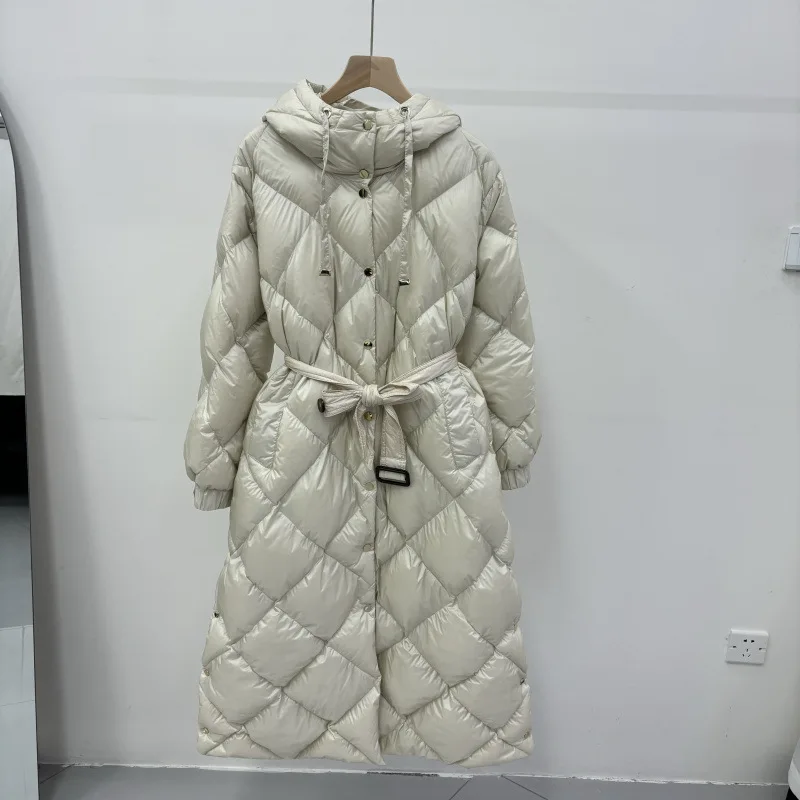 Schinteon Women White Duck Down X-Long Jacket Autumn Winter Warm Office Lady Outwear with Hood Belt Argyle Fashionable Coat 2025