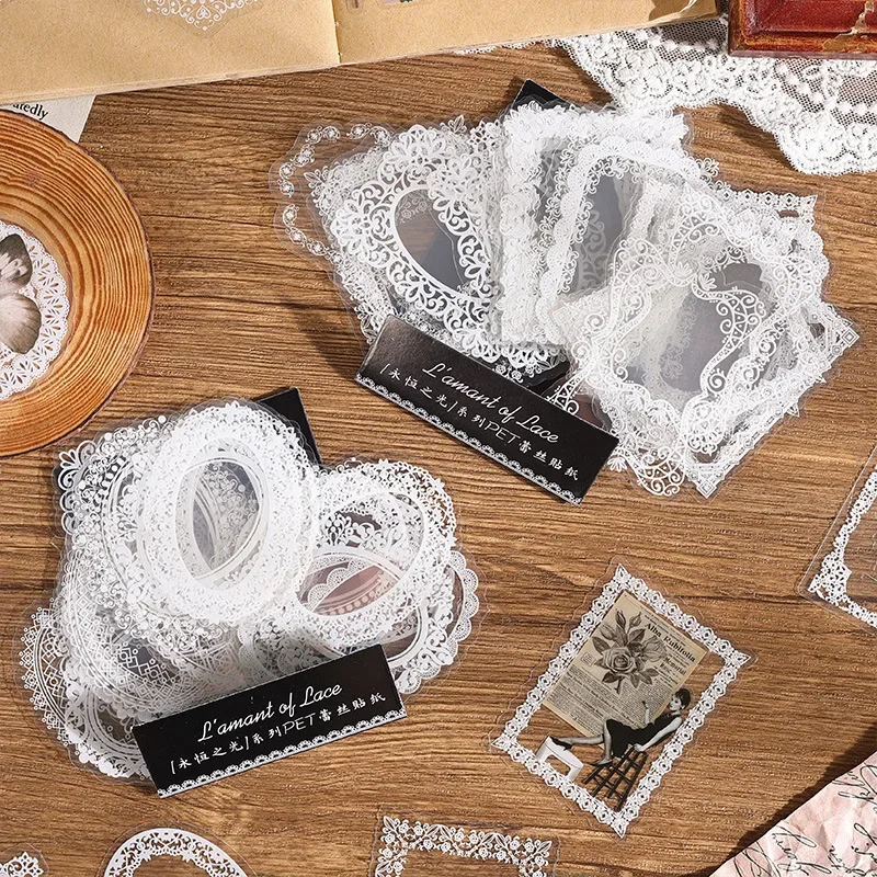 

30pcs/bag Clear White Lace Pattern Stickers Retro Vintage Classic PET DIY Journaling Album Diary Scrapbooking Collage Materials