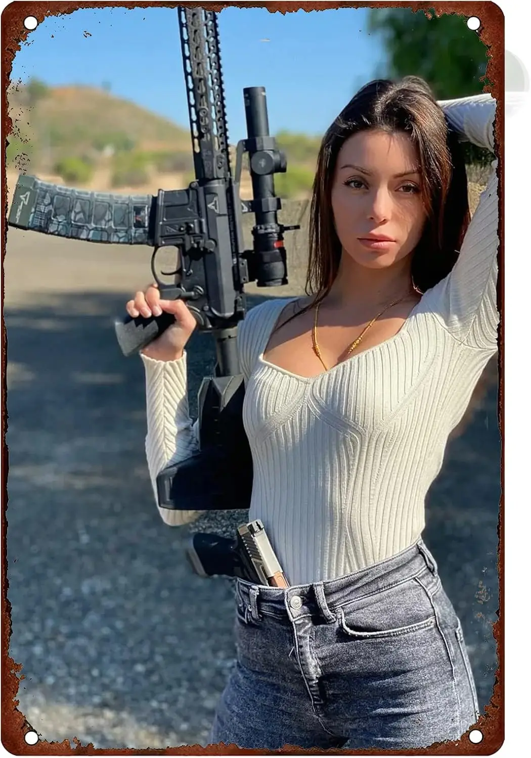 Sexy Hot Girl Metal Signs Vintage Tin Signs Pin Up Girl Military Man Cave Decor White Top Girl & Gun World War Poster Retro