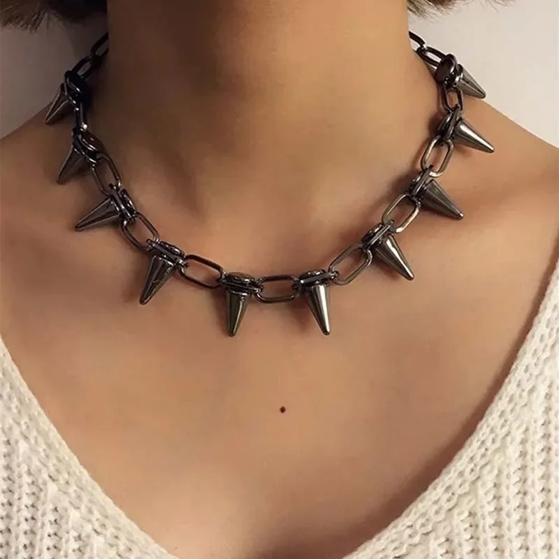 Punk Gothic Spike Chokers Necklaces For Women Men Exaggerated Metal Spike Rivet CCB Handmade Link Chain Jewelry Gifts