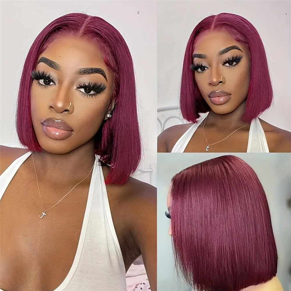 99J Burgundy Short Bob Wig 13X4 Lace Front Wigs For Women Brazilian Human Hair 10 14 Inch Win Red Bob Wig 200% Density Red Color