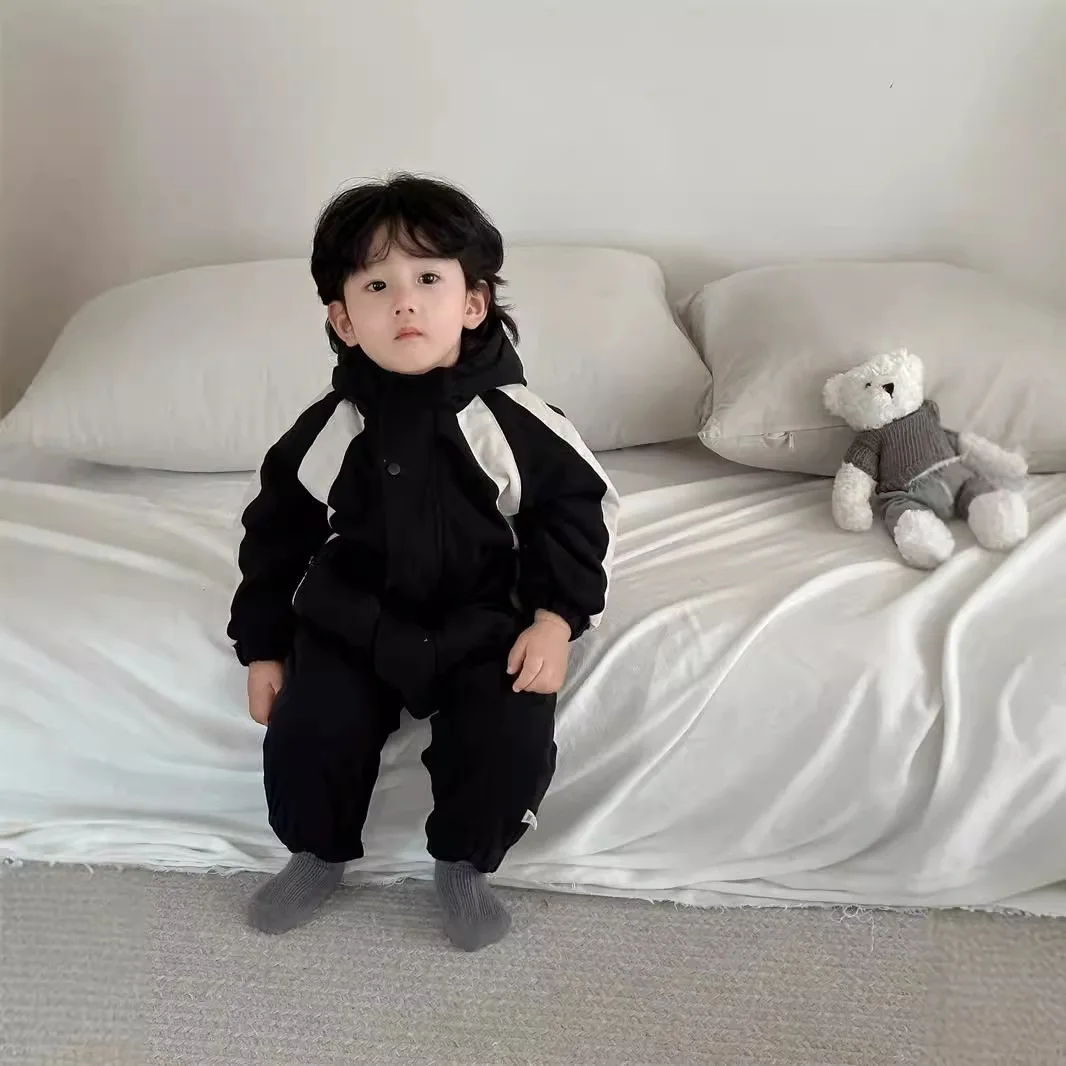 Baby Outdoor Clothing Autumn Baby Jumpsuit 2024 New Korean Children Clothing Boys Patchwork Hooded Rompers