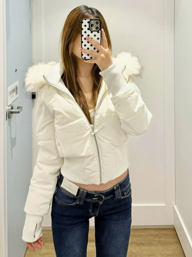 Aesthetic Vintage Short Zipper Padded Coat  Women Winter Design Long Sleeve Fur Collar Outerwear Casual Retro New Down Jacket