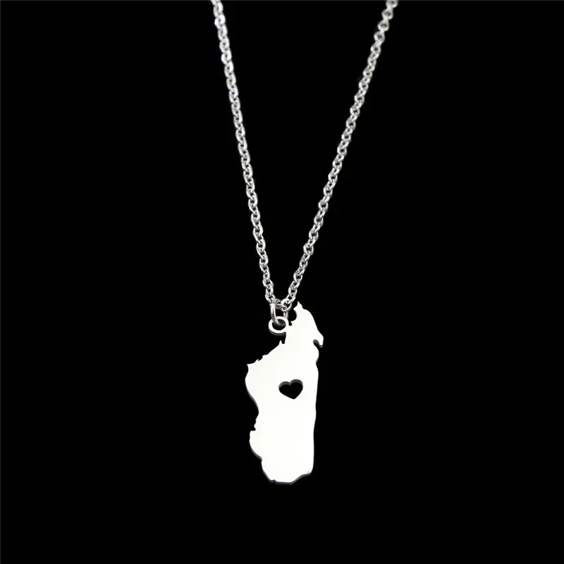 Madagascar Map Pendant Necklace Stainless Steel Malagasy Country Capital Heart Outline Motherland Hometown Continent Chain Choke