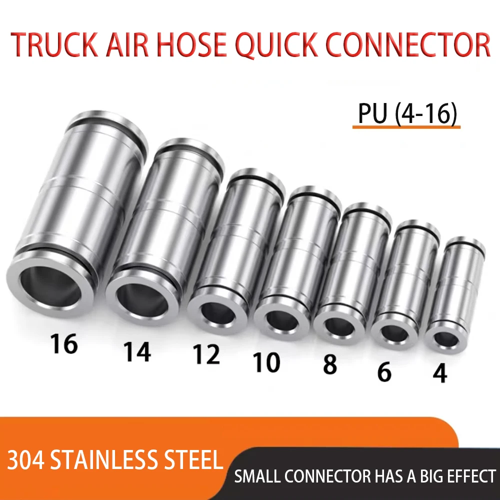 

304 Stainless Steel Air Connectors PU Quick Release Fittings 4mm-16mm Push In Hose Connector for Cylinder Pneumatic Parts