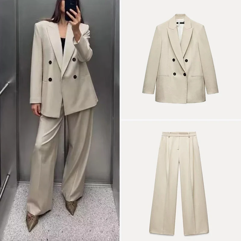 

Z Women's Faion Suit Spring New Sle Double Row Button Turn-down Collar Long Pants Set 229727 225727