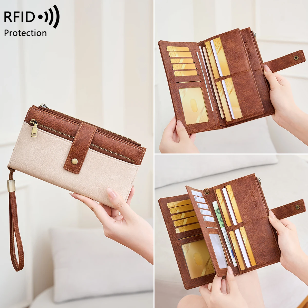Vintage Style RFID Blocking Wallet Three-Fold Long Clutch Purse Multi-Card Slots for Daily Commute Business Casual