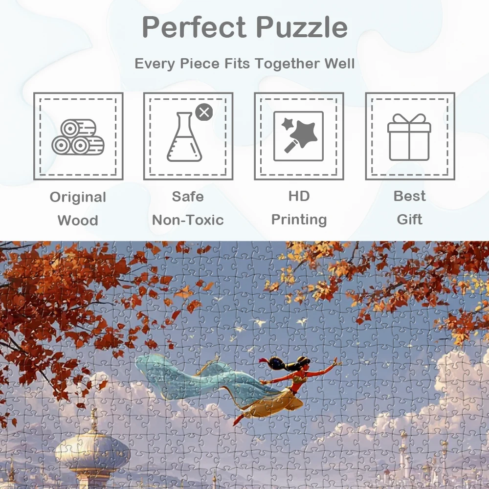 Aladdin and Jasmine Disney Puzzle Flying over a Golden City Cartoon Large Adult Jigsaw Autumn Charm Trees Adults Game and Puzzle