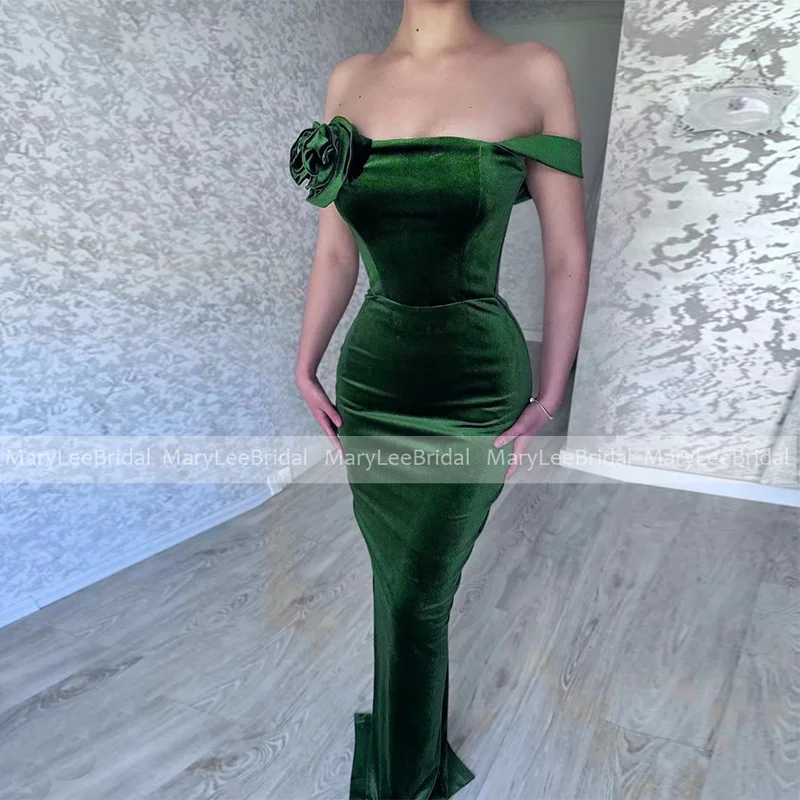 

Sexy Dark Green Velour Bridesmaid Dresses with Flower One Shoulder Mermaid Wedding Guest Dress Bridal Party Gown robes de soirée