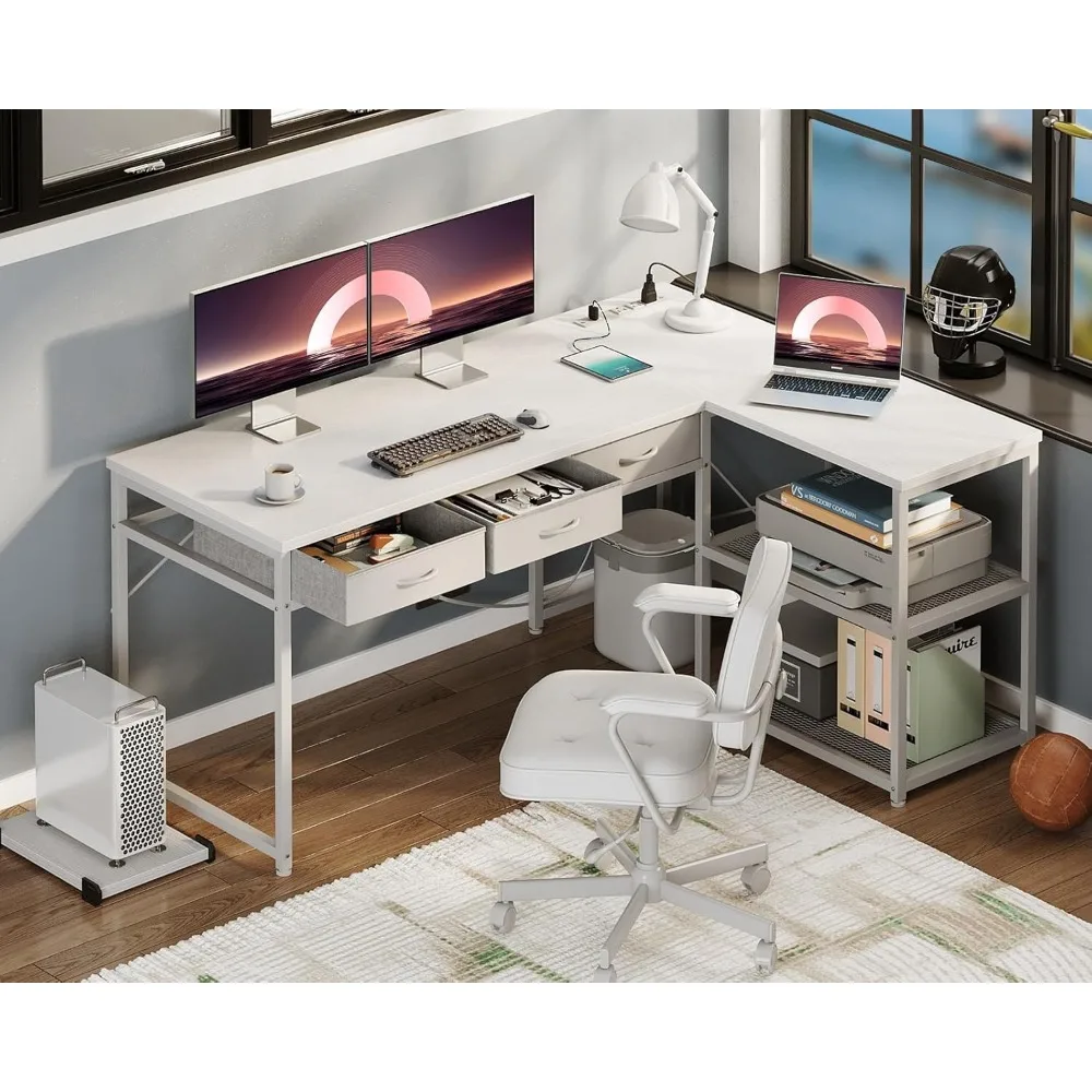 53 Inch L Shaped Computer Desk with Drawers, Corner Desk with Power Outlets & Reversible Storage Shelves, Movable