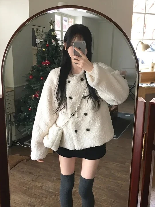 Loose Fit Double Breasted Lamb Fur Jacket Women's Winter Fashion Fluffy Warm Trendy Coat Straight Cut Polyester Fiber