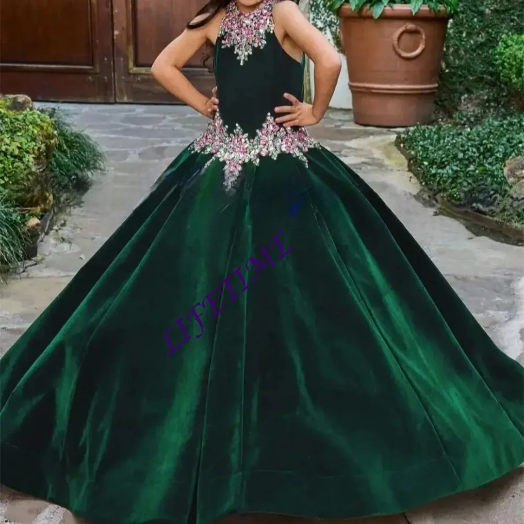Customized elegance Green velvet ball gown Flower Girl Dress for Wedding Ceremonies Holiday Celebrations Dance Performances Birt