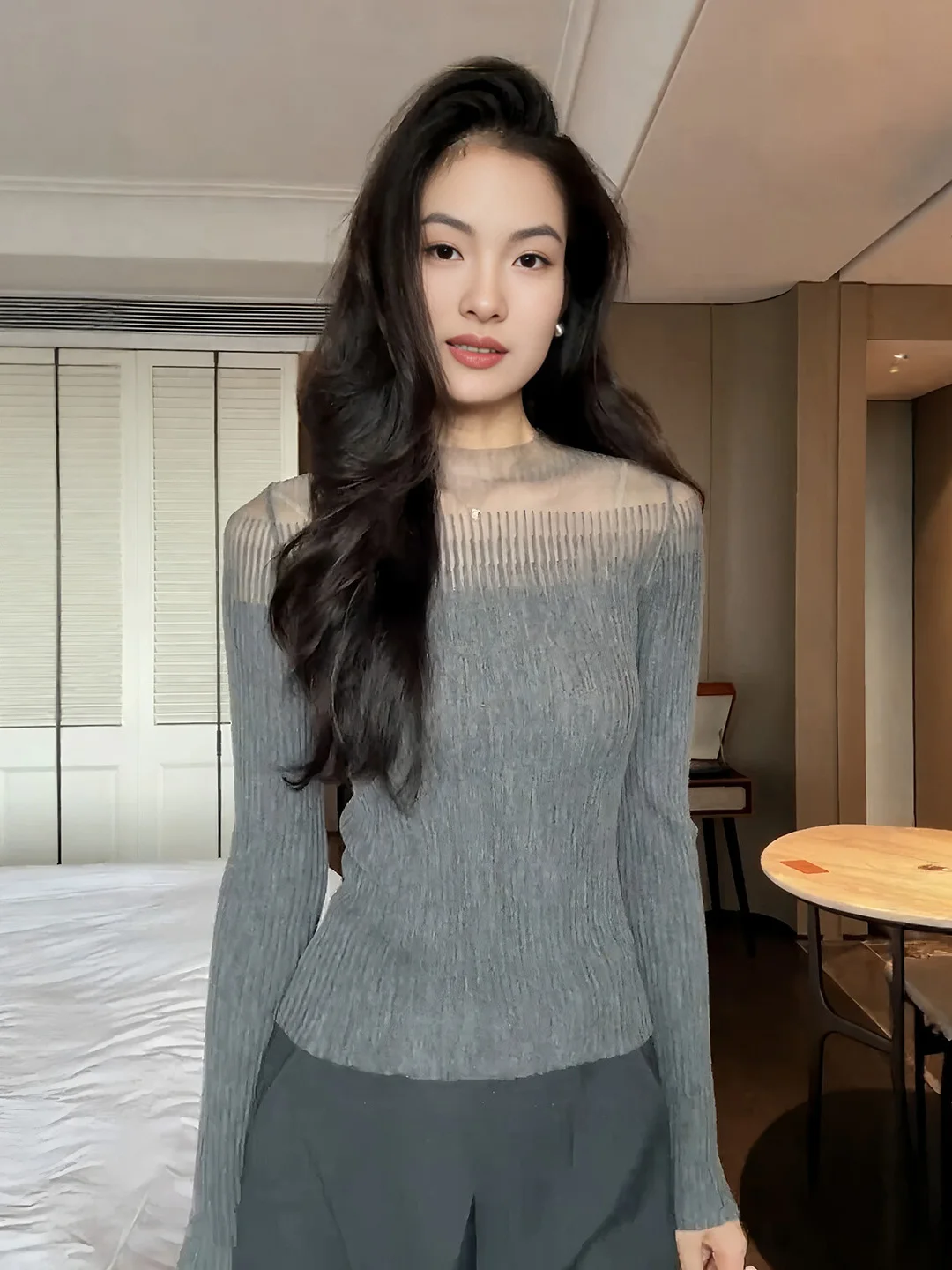 plus Size Women's Long Sleeve Knitted Shirt Slimming Transparent Design Autumn New Style Quality Top for plus Size Women