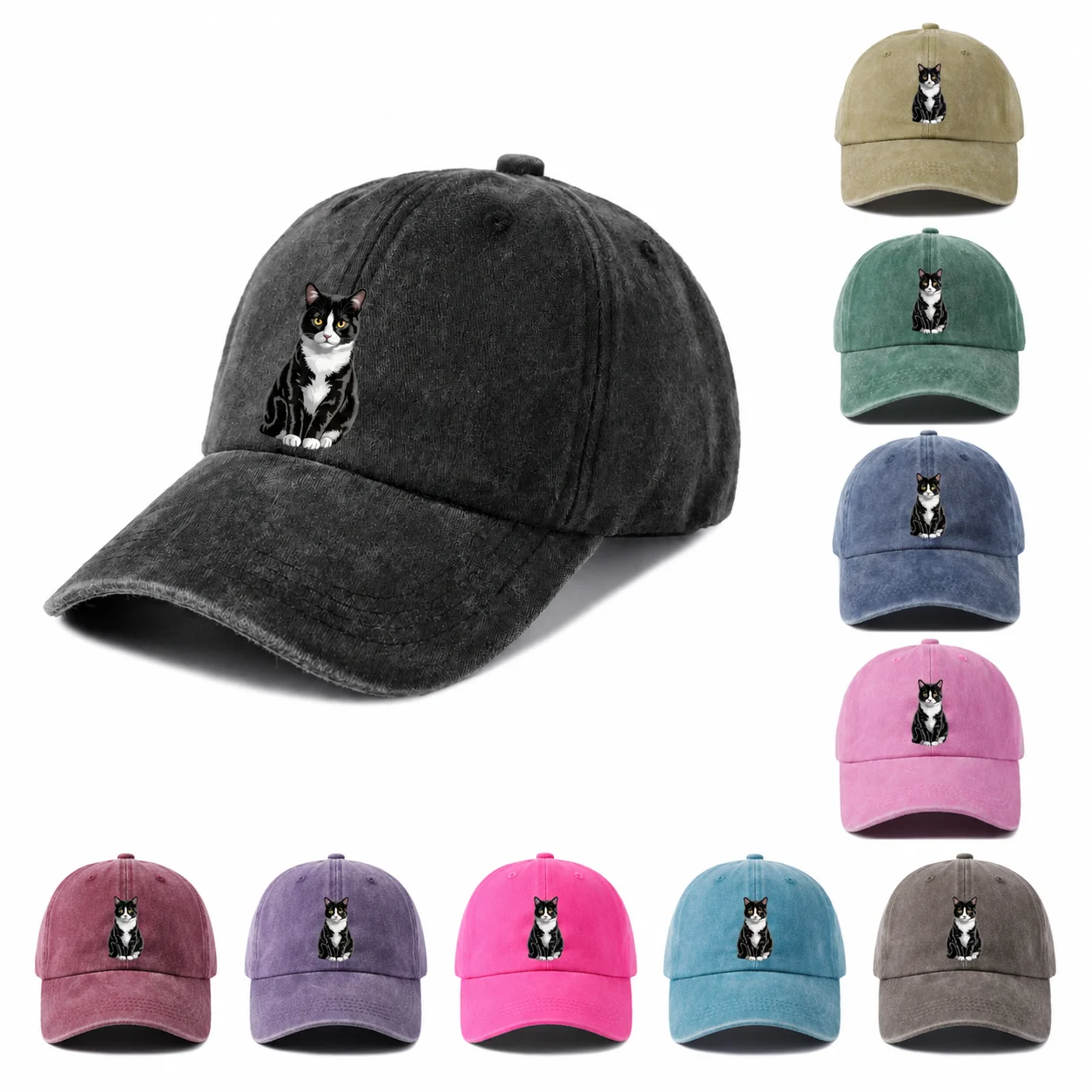 Vintage Washed Tuxedo Cat Portrait Baseball Cap, Adjustable Unisex Dad Hat, Cute Cat Lover Gift view 3