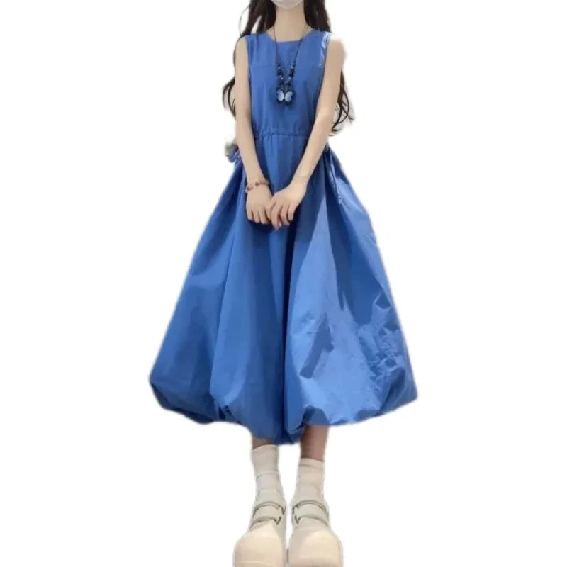 

Blue Sleeveless A-Line Midi Dress Casual Summer Women's Loose Fit O-Neck Solid Color Dress