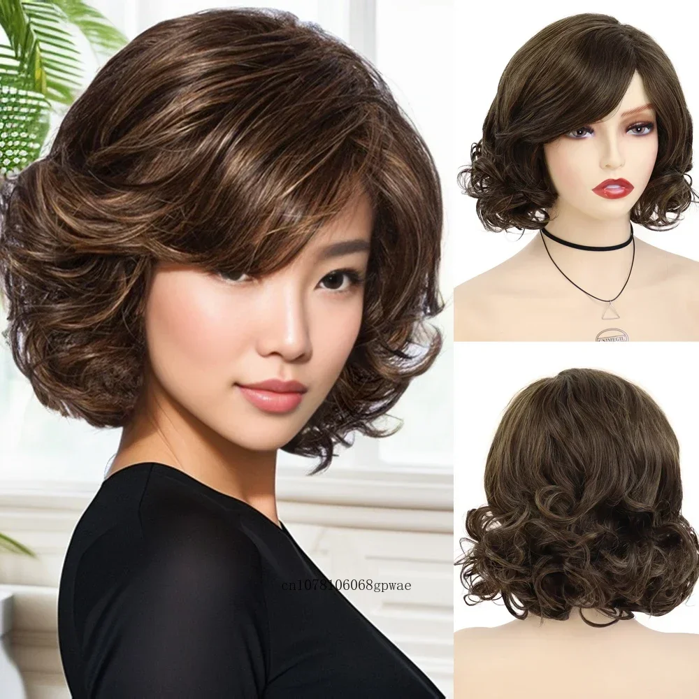 Elegant Mommy Fake Hair Synthetic Brown Short Bob Wigs for Women Curly Wig with Bangs Daily Cosplay Halloween Party Female Use