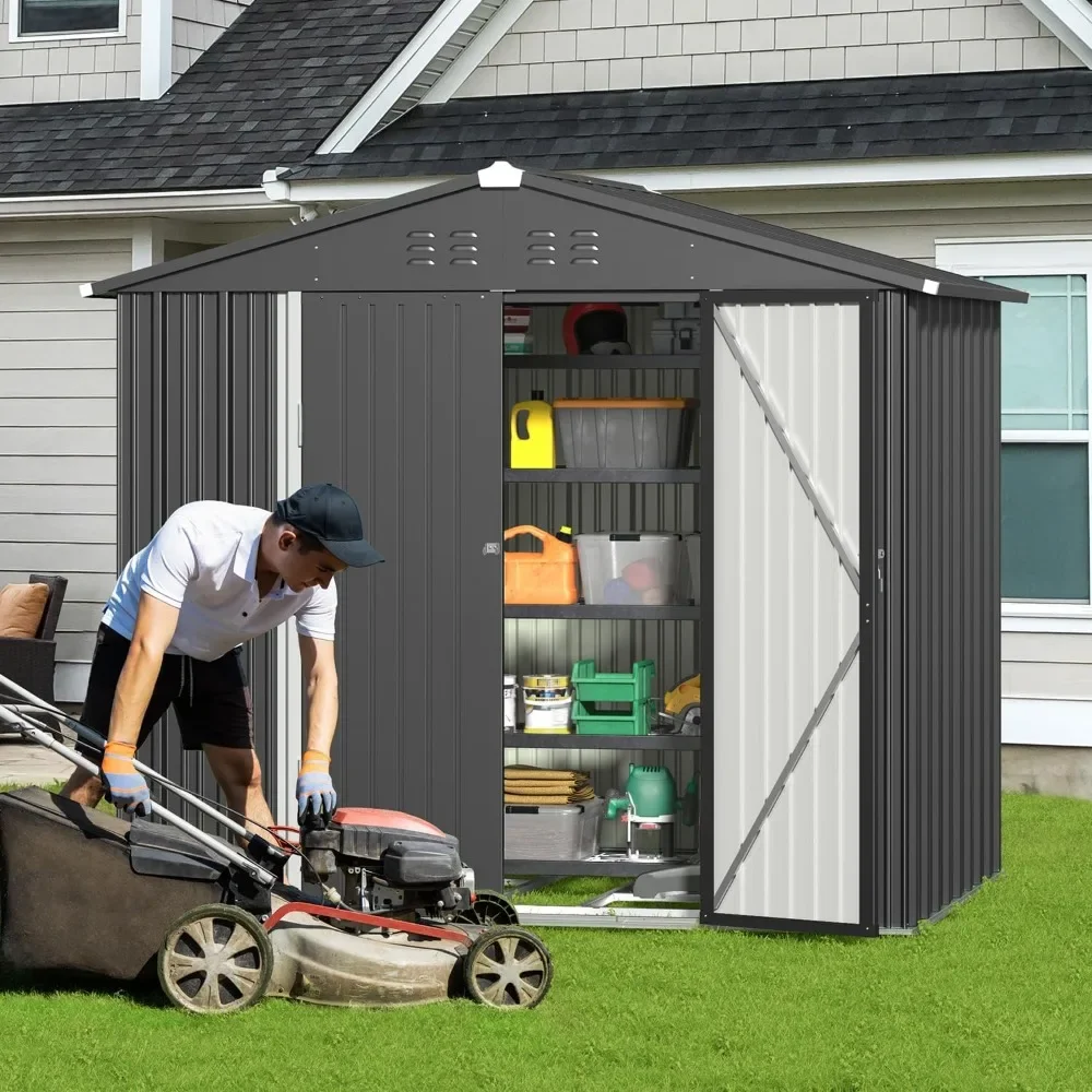 

8 X 6 FT, Galvanized Metal Garden Shed with Double Lockable Doors, Outdoor Storage Clearance for Backyard Patio Lawn