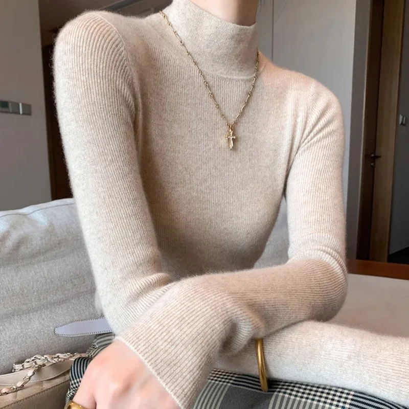 2025 feminino fino ajuste manga longa base pulôver de malha cor sólida camisola de gola alta francês versátil outono inverno quente topos