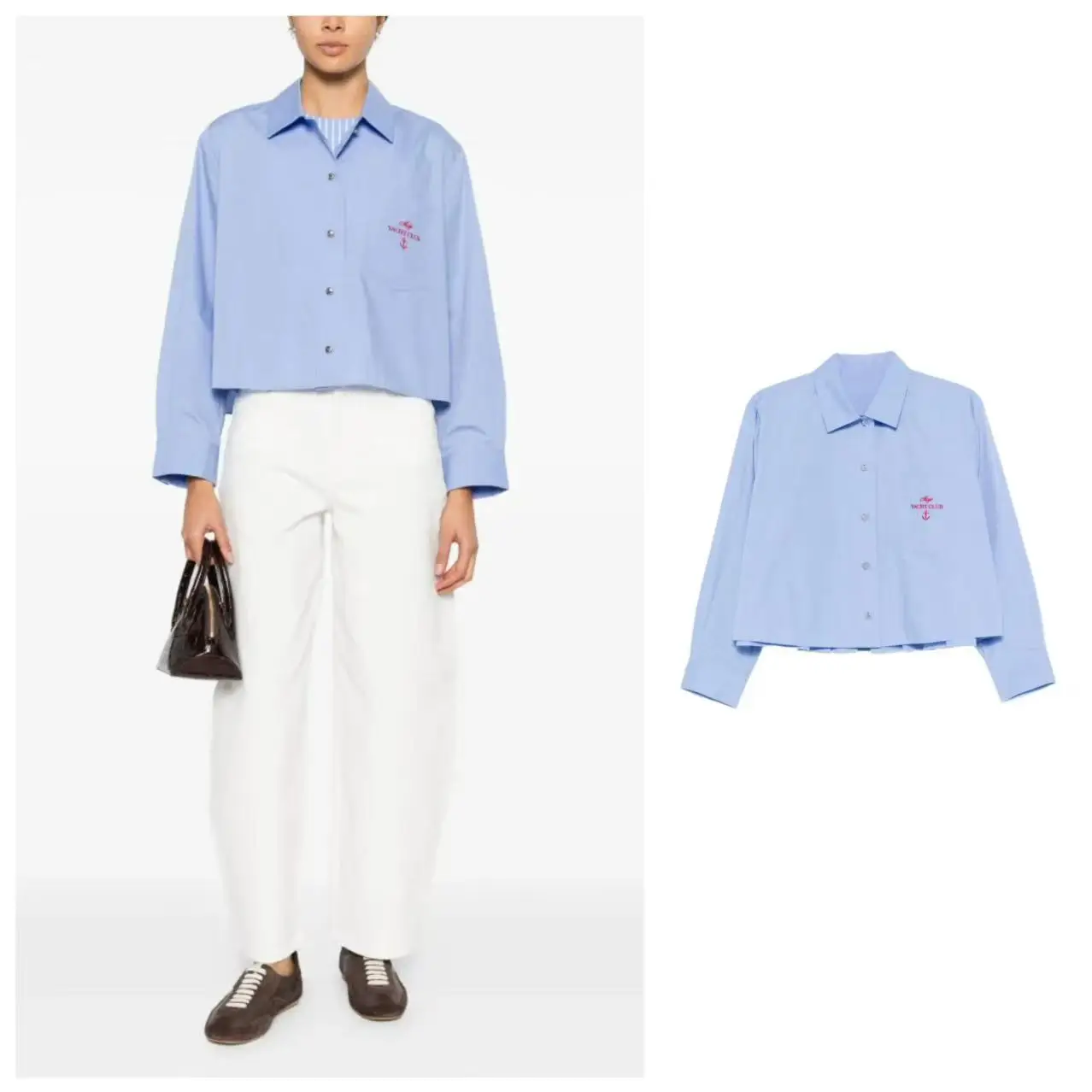 

Blue Embroidered Short Loose Women's Shirt Breathable Cotton Spring Summer Fashion Bloggers' Favorite Simple Style Collar