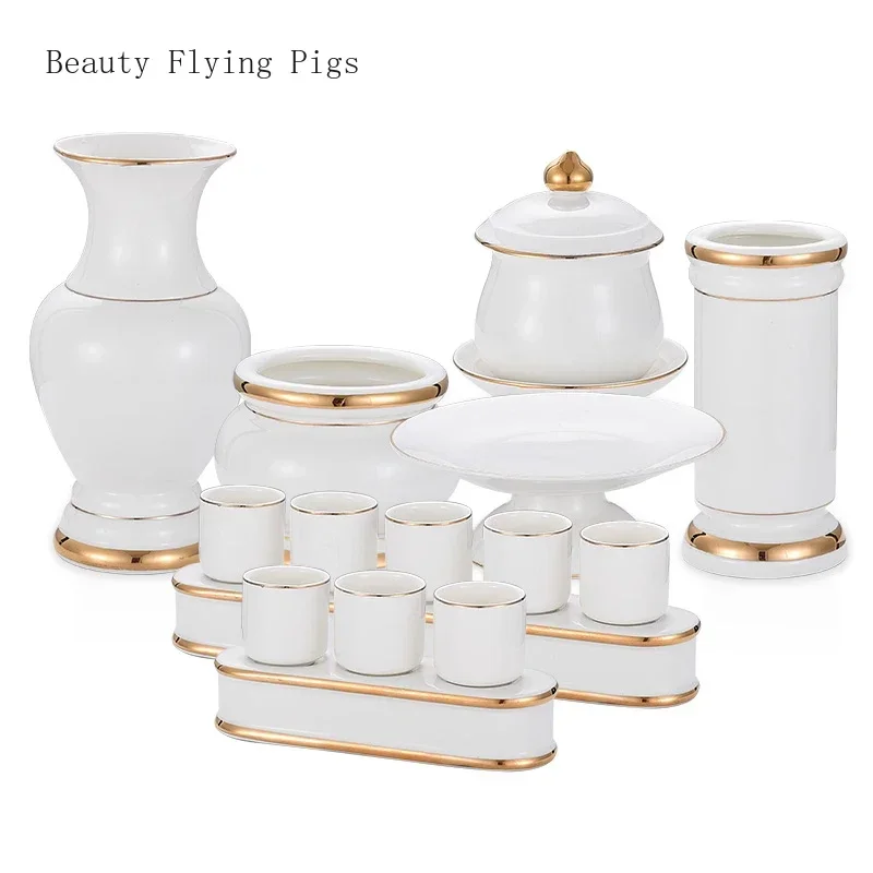 Ceramic golden incense burner, Buddhist temple, holy water cup, fruit plate, vase, offering Buddhist supplies feng shui