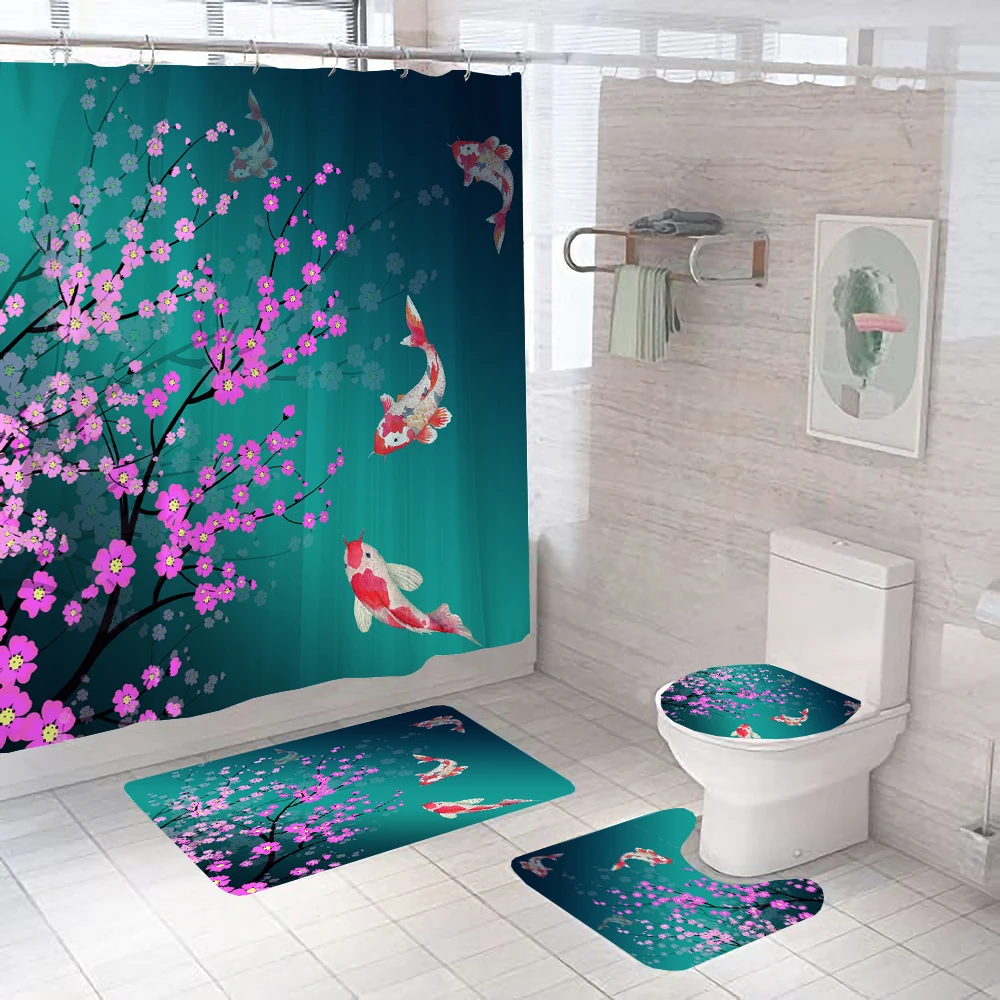 Romantic Cherry Blossom Shower Curtains Bathroom Curtain Set Pink Sakura Plum Flowers Bath Curtains Toilet Mat Rug for Bathtub