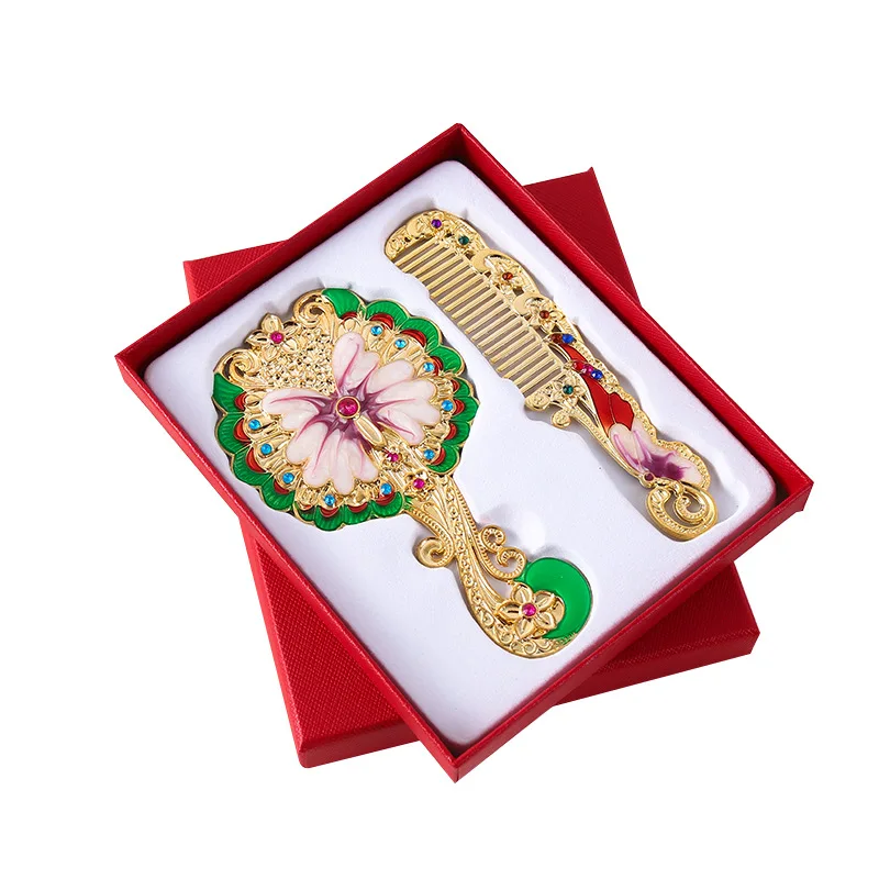 1 セットハンドヘルドミラーメイクアップヴィンテージ装飾パーソナルミラーコームポータブル化粧品