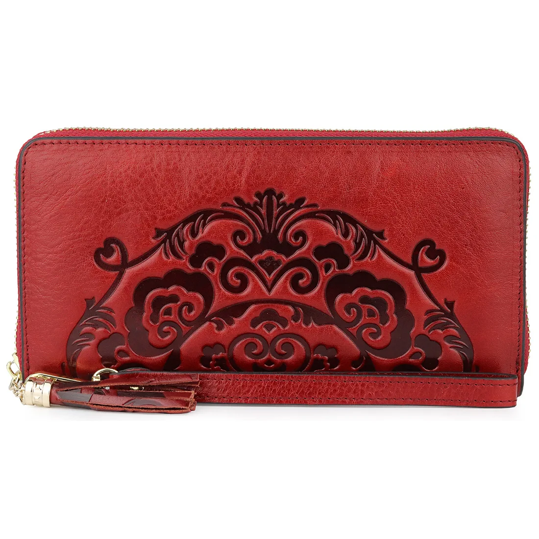 

Genuine Waxed Leather Long Wallet Women Embossed Zipper Purse with Tassel Ethnic Style Female Handbag Quality Clutches Purses