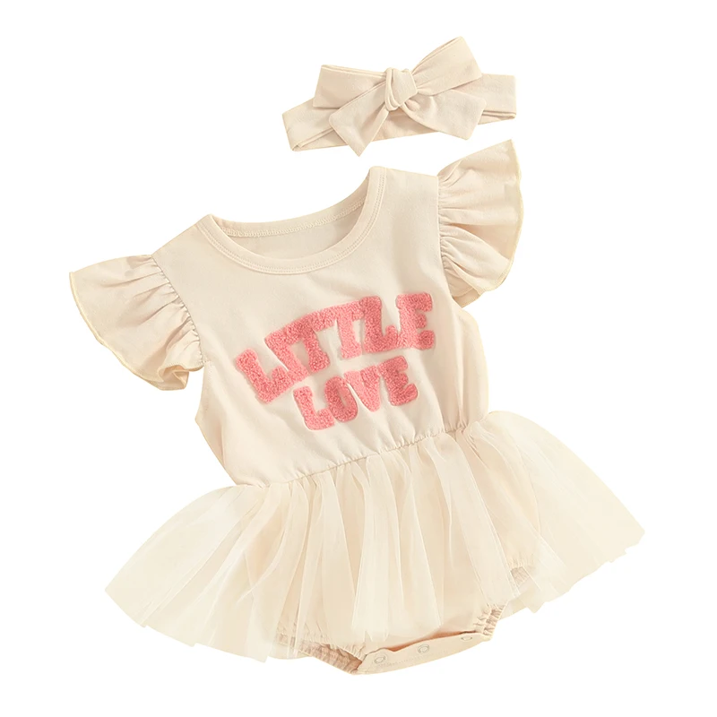 

Newborn Girl Outfit, Fly Sleeve Letters Tulle Patchwork Romper Dress with Hairband Summer Clothes