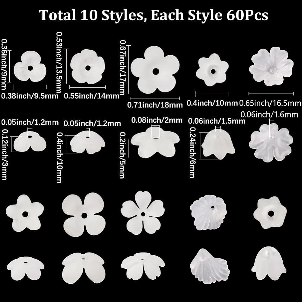 600Pcs 10Styles Acrylic Flower Beads White Lily Flower Beads Frosted Plastic Trumpet Bell Floral Spacer End Caps for Jewelry