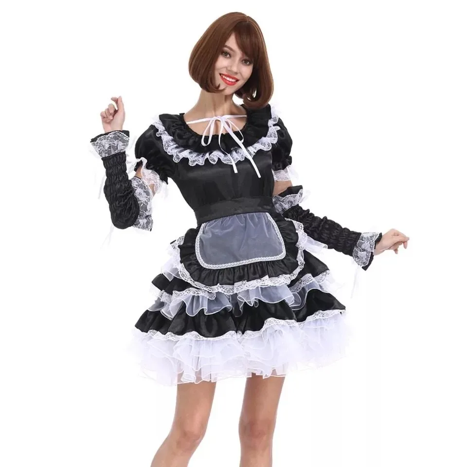 Sissy Girly girl black satin organza lace maid Cosplay costume tailored