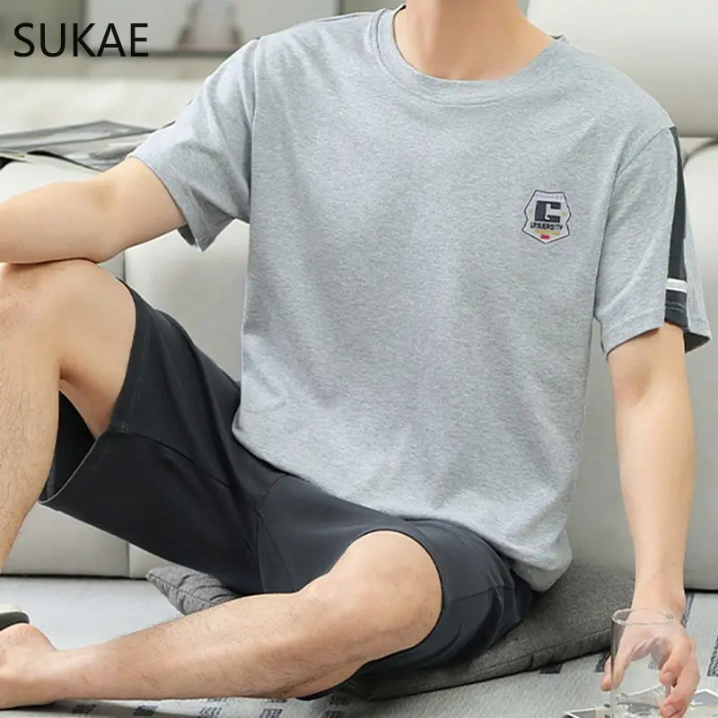 SUKAE Man's Sleepwear Summer Cotton Shorts L-5XL Plus Size Nightwear Leisure Men Pajamas Set Pullover Short Sleeves Homewear