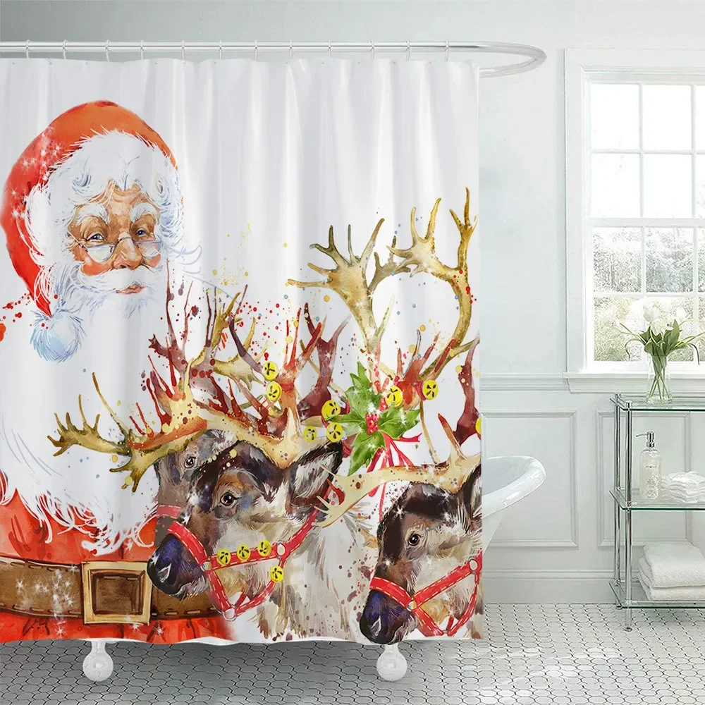 

1p Shower Curtain Marry Christmas Tree Snowflake Starlight Milu Deer Print Toilet Mat Durable Waterproof for Home Bathroom Decor