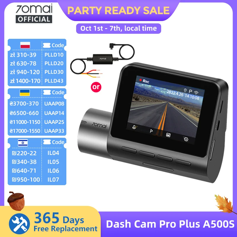70mai A500S Recorder Car DVR Front Cam A500S 1944P Night Vision 70mai Dash Cam Pro Plus Built-in GPS Wifi Support Rear Cam