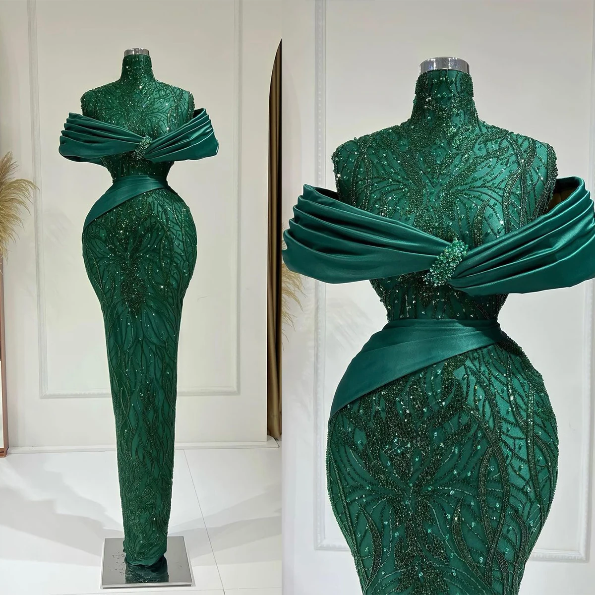 Sparkly Sequined Mermaid ชุดราตรีฉัตรจีบคอสูงชุดราตรีประดับด้วยลูกปัด Custom Made Robe De Soiree