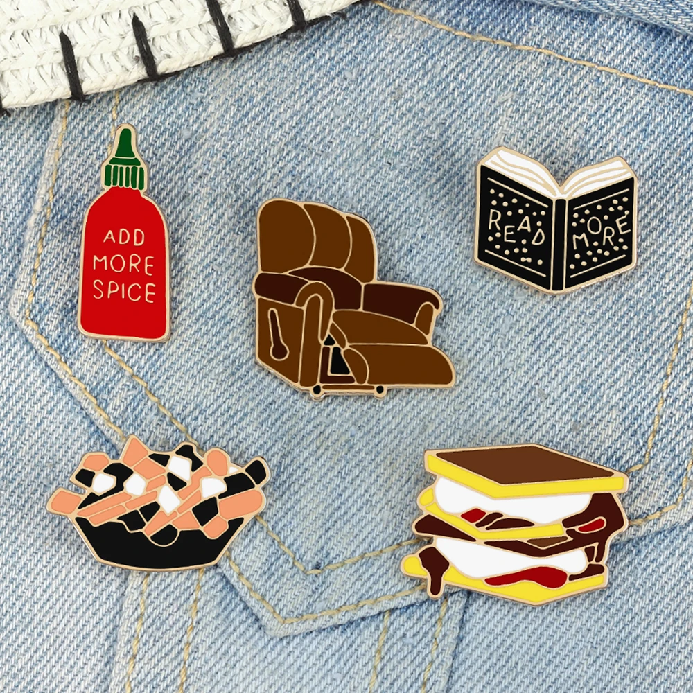 Free Time Enamel Pins Leisure Sofa Reading Book Brooch Salad Hamburger Add More Spices Lapel Pin Happy Life Symbol Badge Jewelry