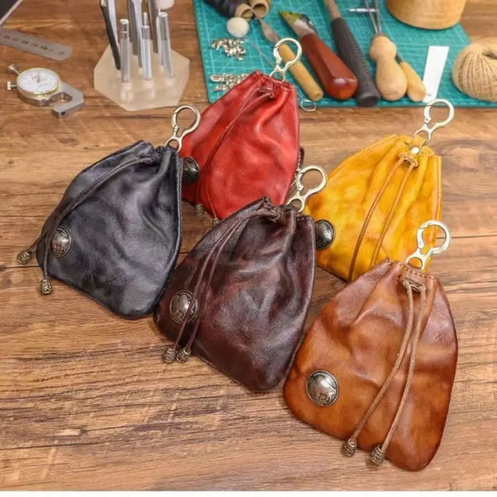 Exquisite Vintage Drawstring Key Wallet Mini Medieval Key Ring Coin Purse Multifunction PU Coin Organizer Waist Bag For Men