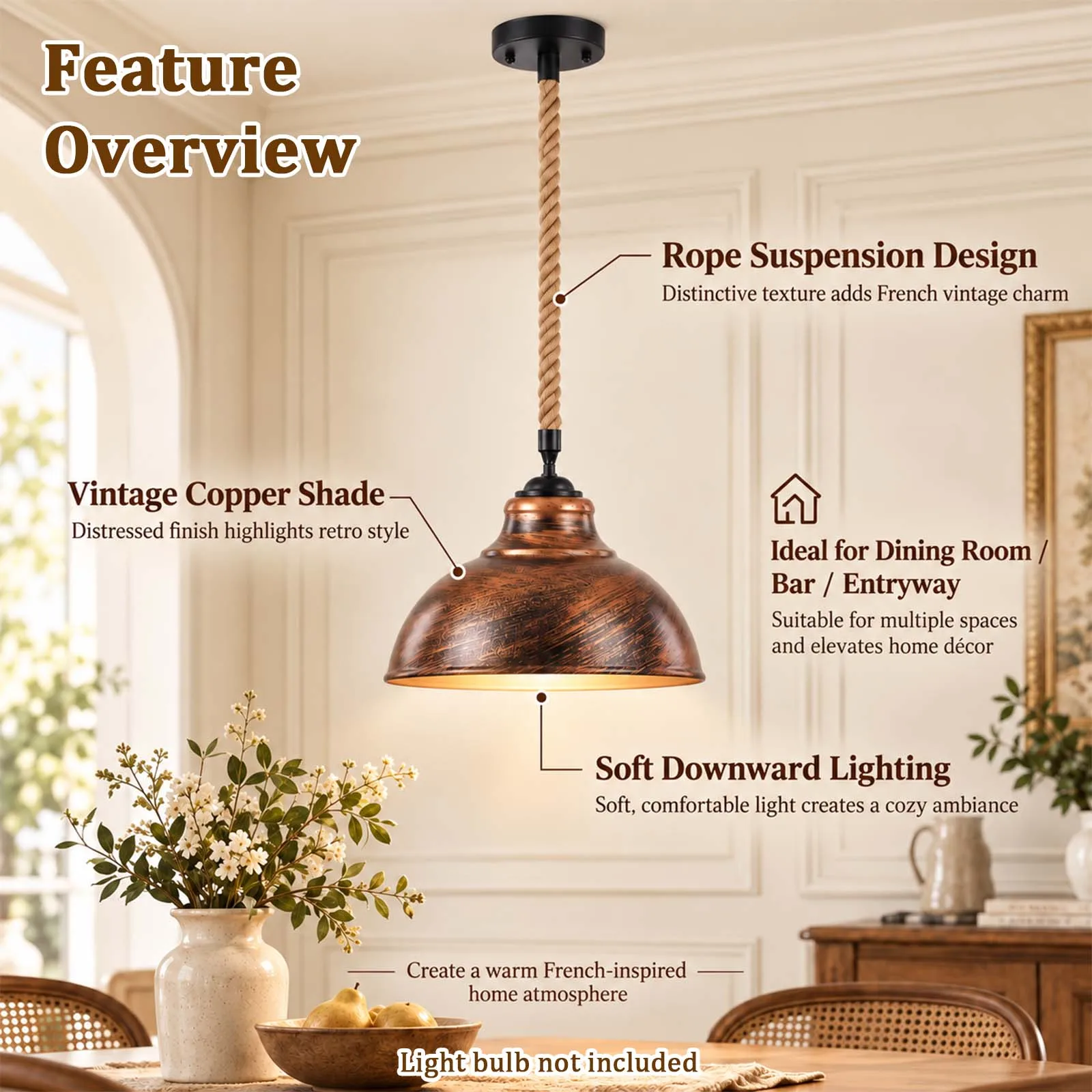 Industrial Pendant Light Antique Copper Dome Jute Rope E27 for Kitchen Living Room Cafe Bar