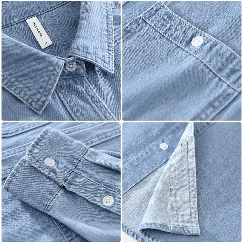 

Мужская джинсовая рубашка в корейском стиле с длинным рукавом, весенне-осенняя повседневная рубашка-карго с отложным воротником и двумя карманами, синяя джинсовая рубашка, новинка 2026 года