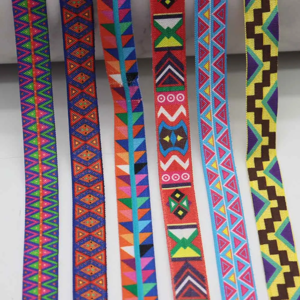 

5/8" 15mm Geometric Figure Aztec Grid Printed FOE Fold Over Elastic Ribbon For Ponytail Hair Tie Hair Accessories Headwear