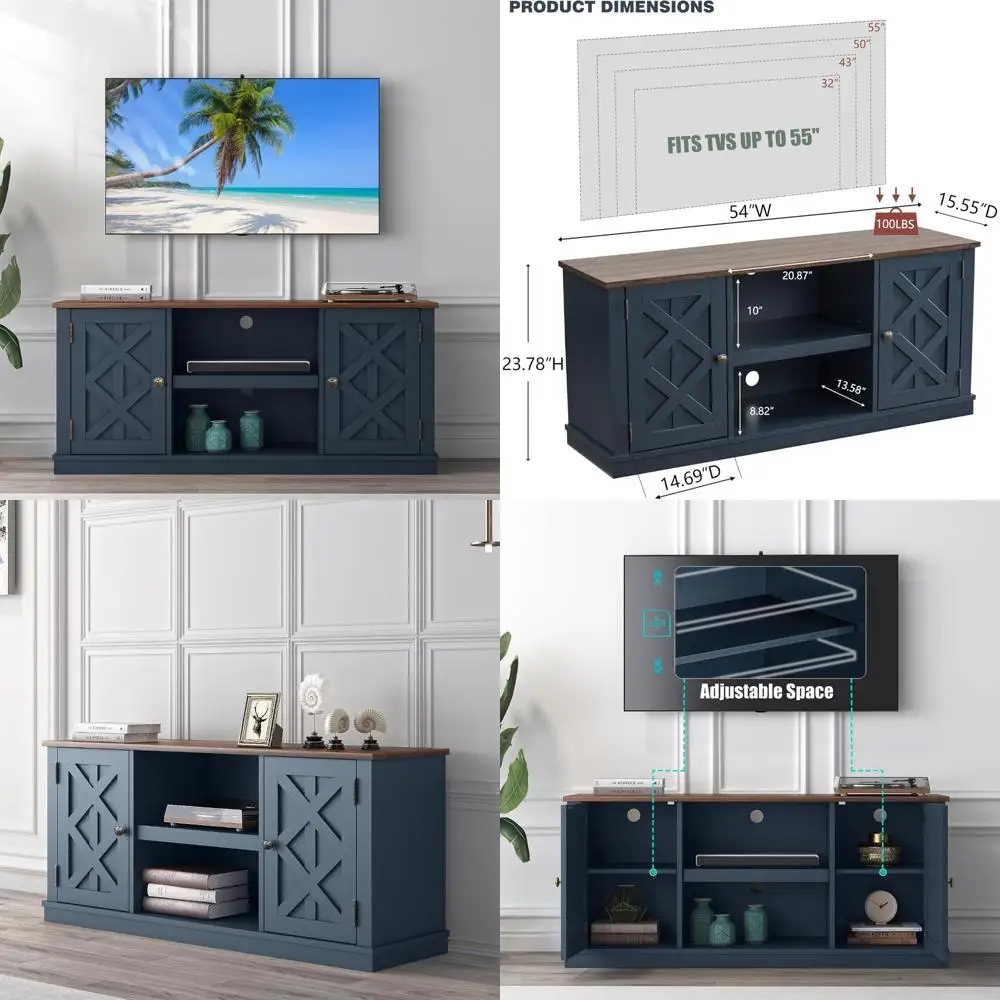 Mid Century Modern Farmhouse Style TV Stand with Storage and Adjustable Shelves for Living Room