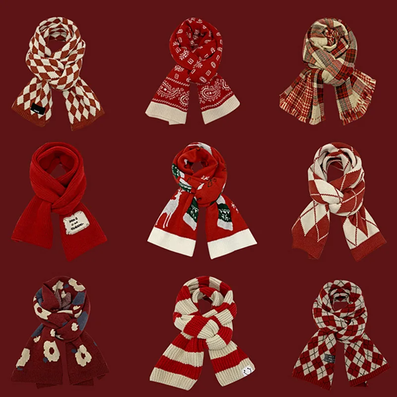 Fashion Christmas Style Red Element Scarf for Women Trend Knitted Student Couple Warm Scarves Shawl Clothing Accessories Gift