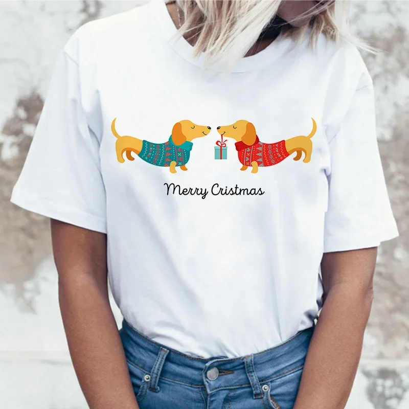 الألماني تي شيرت المرأة الصيف النساء عيد الميلاد الكلب تي شيرت س الرقبة عادية Harajuku مضحك Kawaii مطبوعة بلايز تيز الإناث