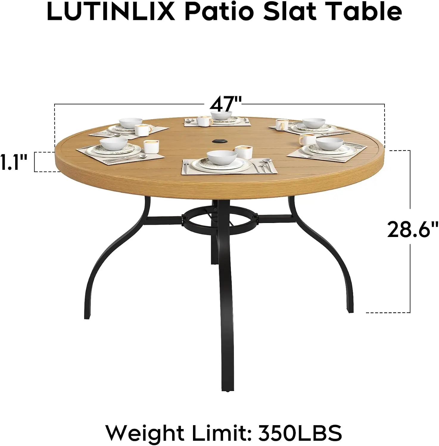 47 Inch Round Outdoor Dining Table 6 Seater Brown Metal Patio Adjust Umbrella Hole All Weather Porch Garden Backyard Lawn