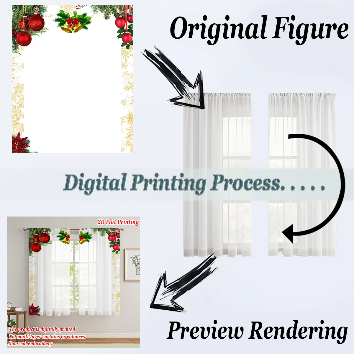 Christmas Flat Printing Kitchen Sheer Curtain with Merry Christmas Ball Bell Snowflake For Christmas Home Decor  Party