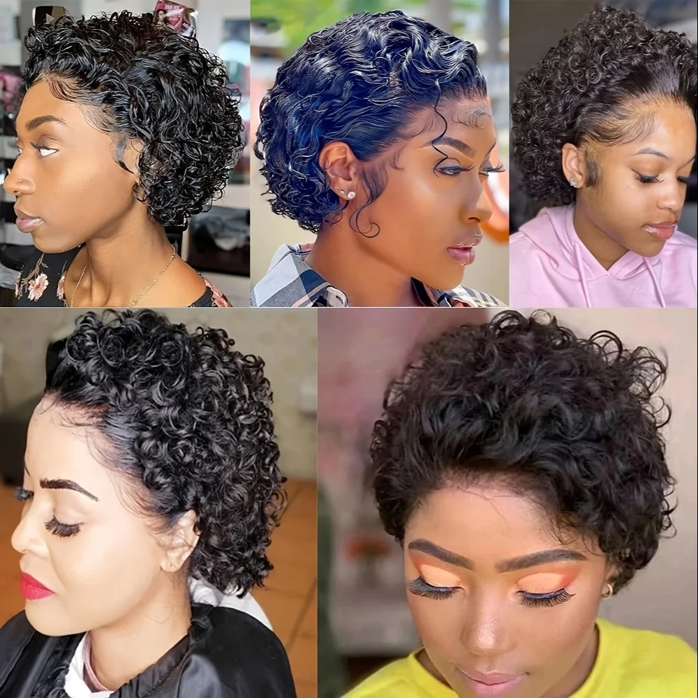 Short Curly 13x1 Lace Curly Pixie Cut Wig 180% Density Human Hair Lace Front Bob Wigs for Women Natural Color Pre Plucked 6 Inch view 5